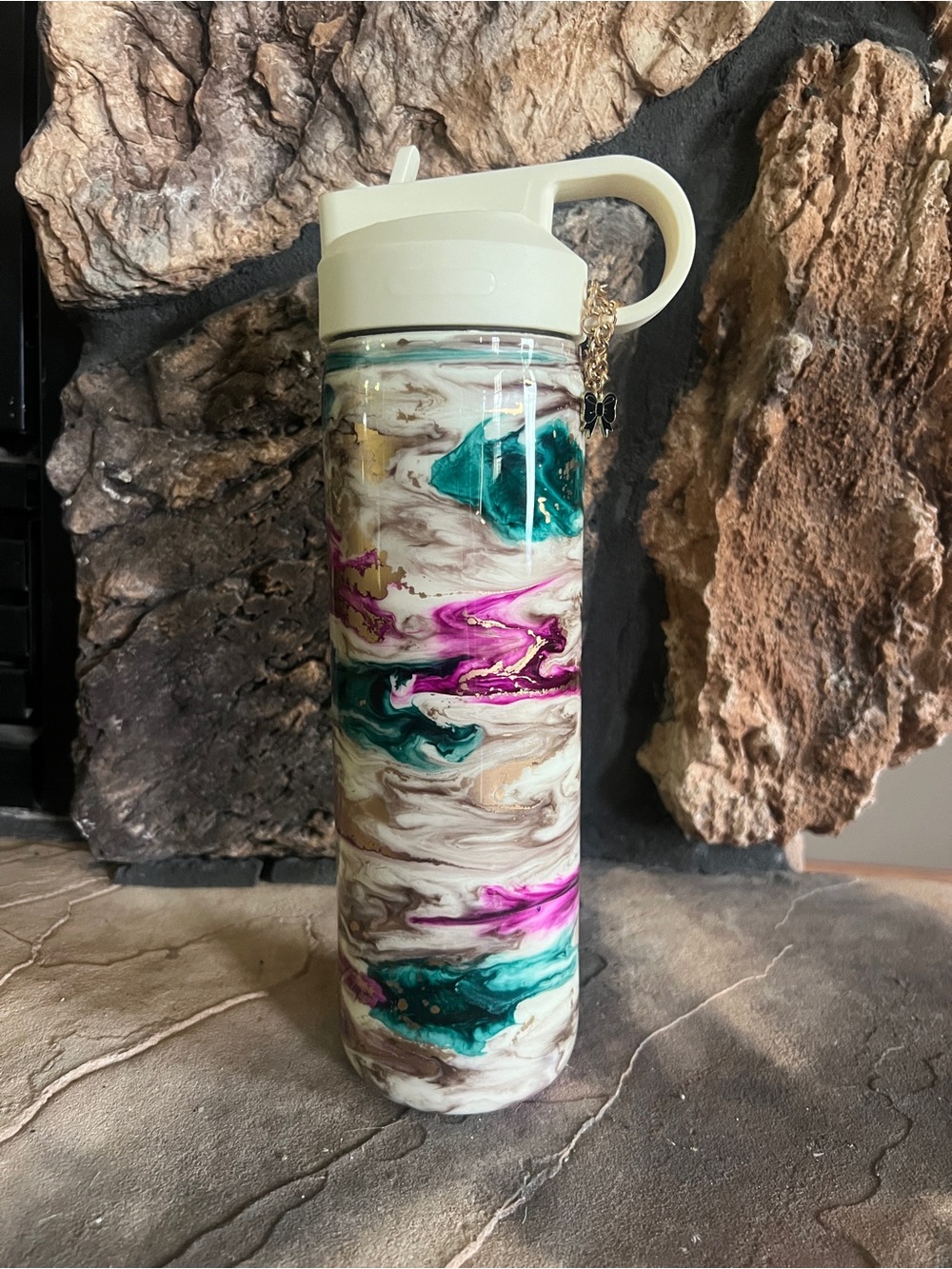 Resin Swirl Travel Tumbler with Teal & Fuchsia Accents